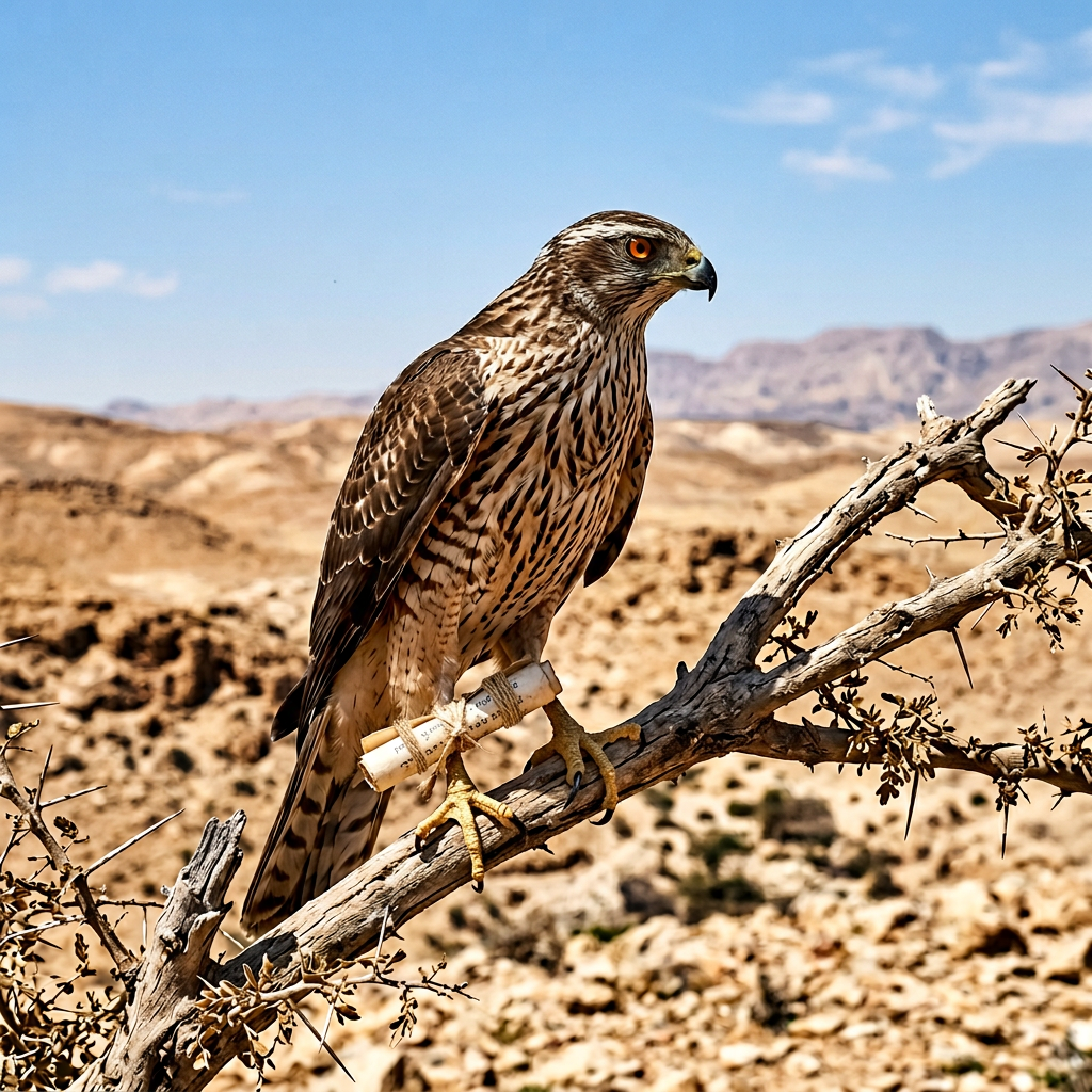 A hawk perched on a branch in a desert landscape with mountains in the background.