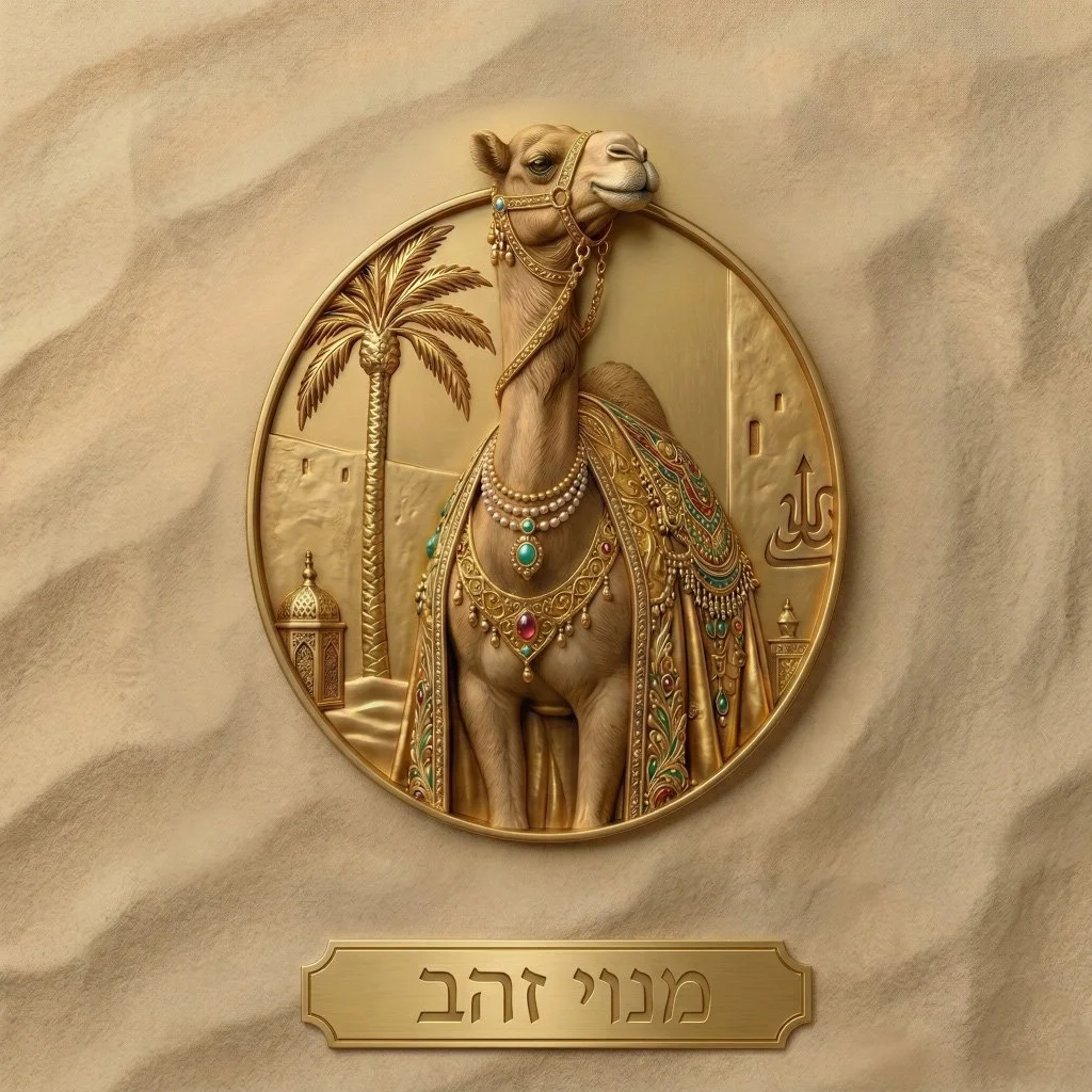 A golden decorative plaque featuring a camel adorned with jewelry, standing beside a palm tree, with Middle Eastern architecture and Arabic script in the background.