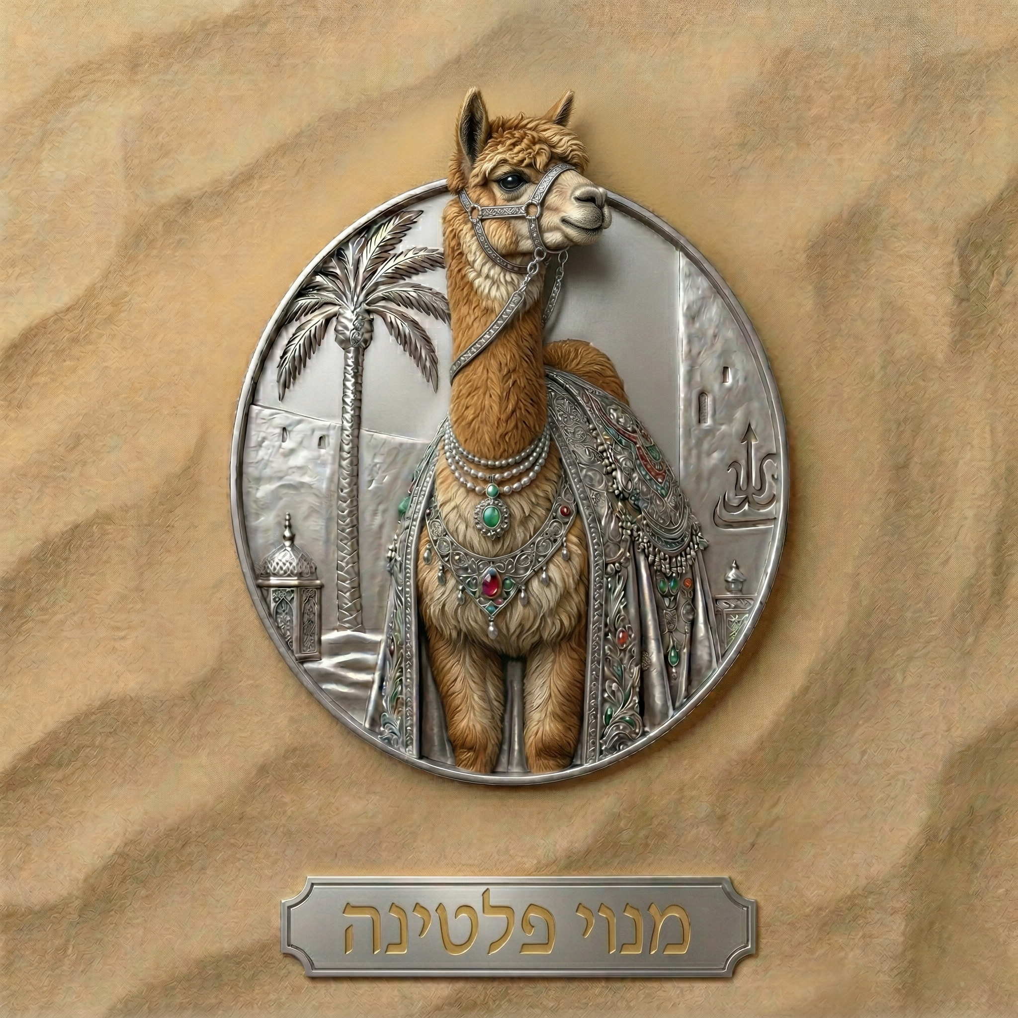 A decorative sculpture of a llama wearing jewelry, with a background featuring a metallic palm tree design and a sign with Hebrew text.