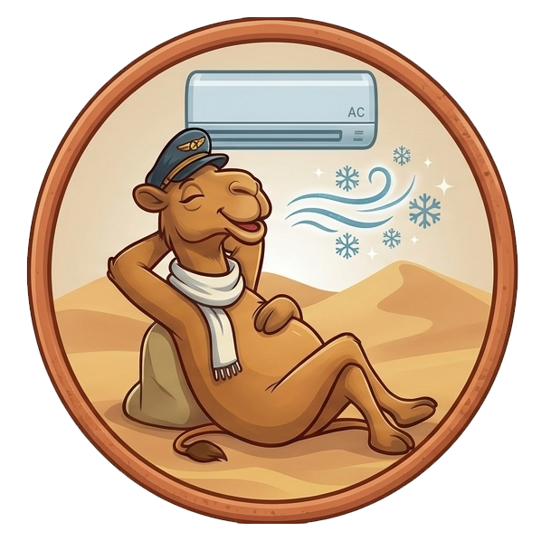 A cartoon camel sitting comfortably in the desert, wearing a blue cap and a white scarf, relaxing near an air conditioner with snowflakes and wind lines indicating cooling.