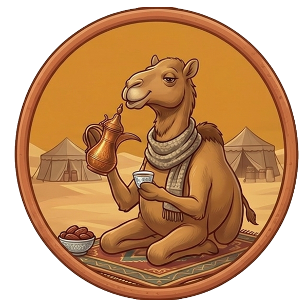A cartoon camel sitting on a patterned rug in a desert setting, holding a teapot and drinking from a cup, with desert tents in the background.