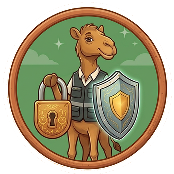 Cartoon camel holding a lock and a shield on a green background with stars.