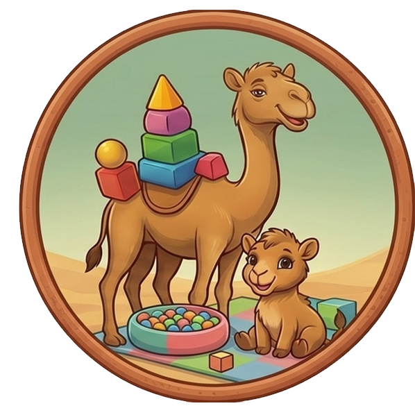 Cartoon camel with a smaller baby camel sitting beside a bowl of colorful balls and toy blocks in a play area.