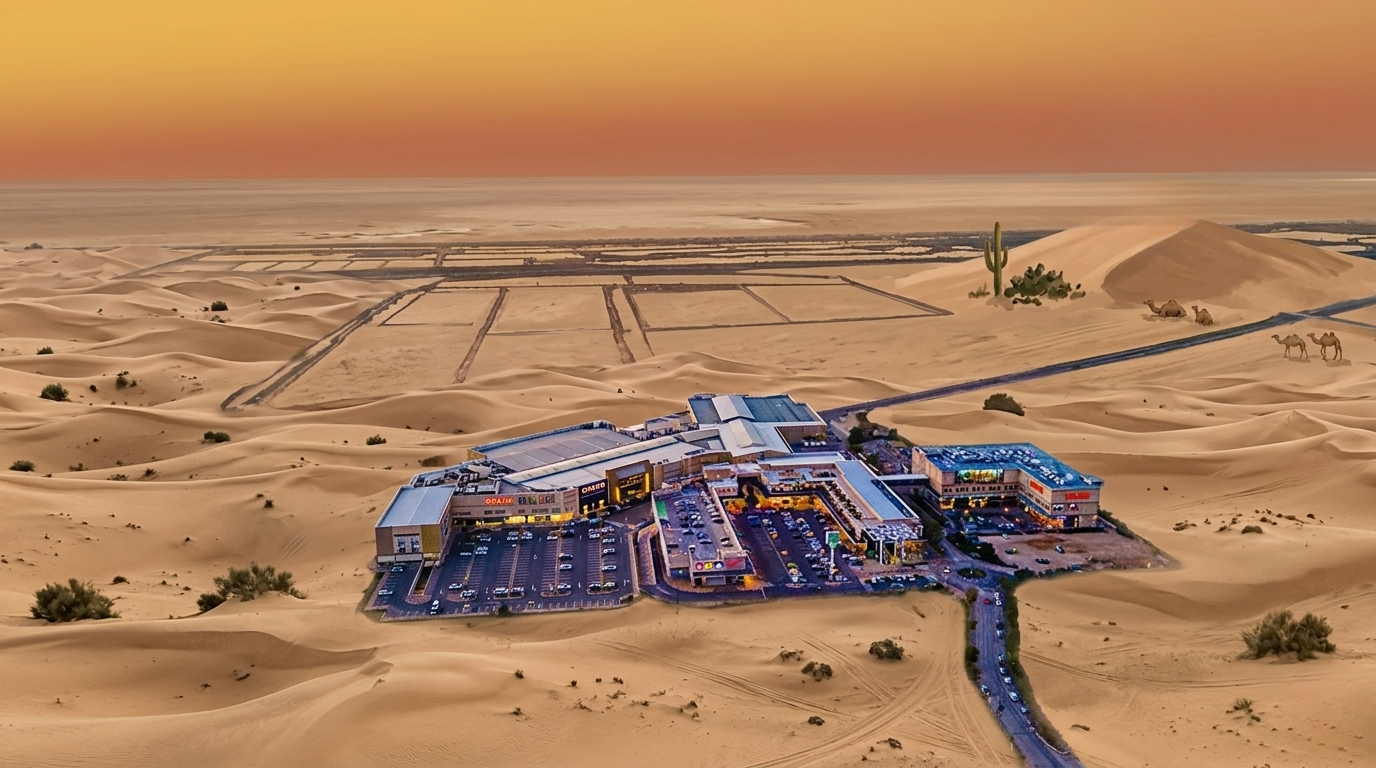 Desert landscape with sand dunes, a large shopping mall or entertainment complex, a parking lot, and distant camels under a sunset sky.