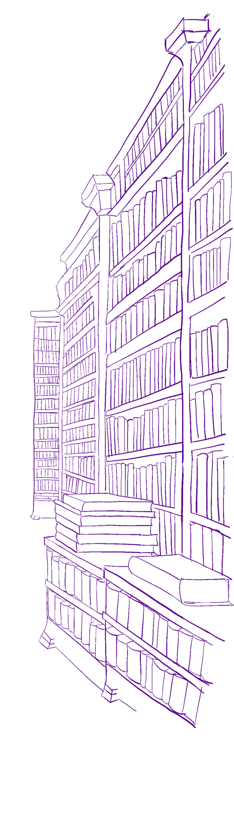 Digital line drawing of righthand side of a library corridor