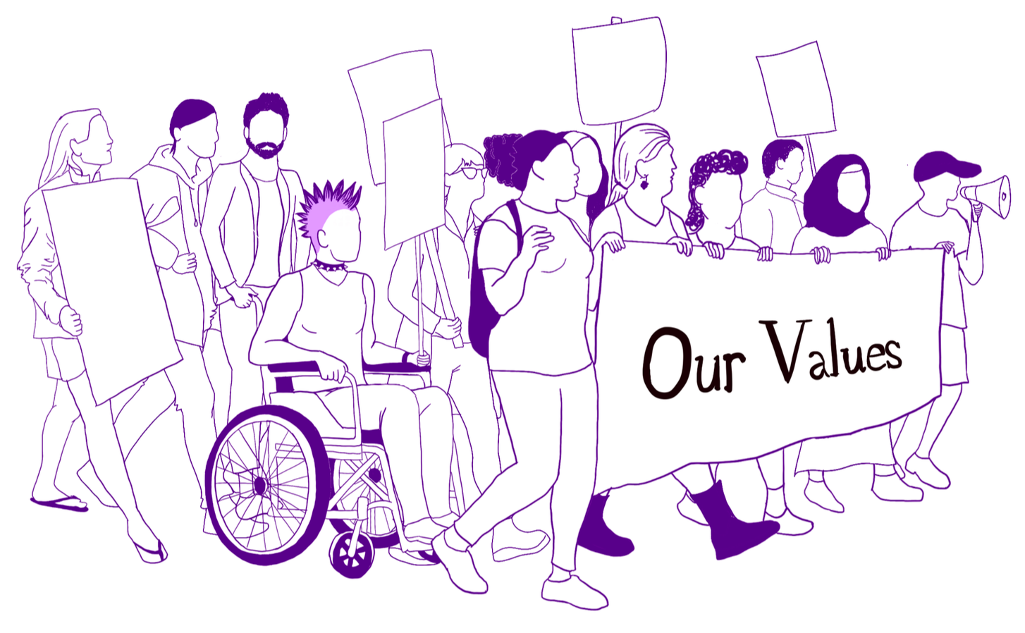 Digital illustration of a protest with writing saying "Our Values"