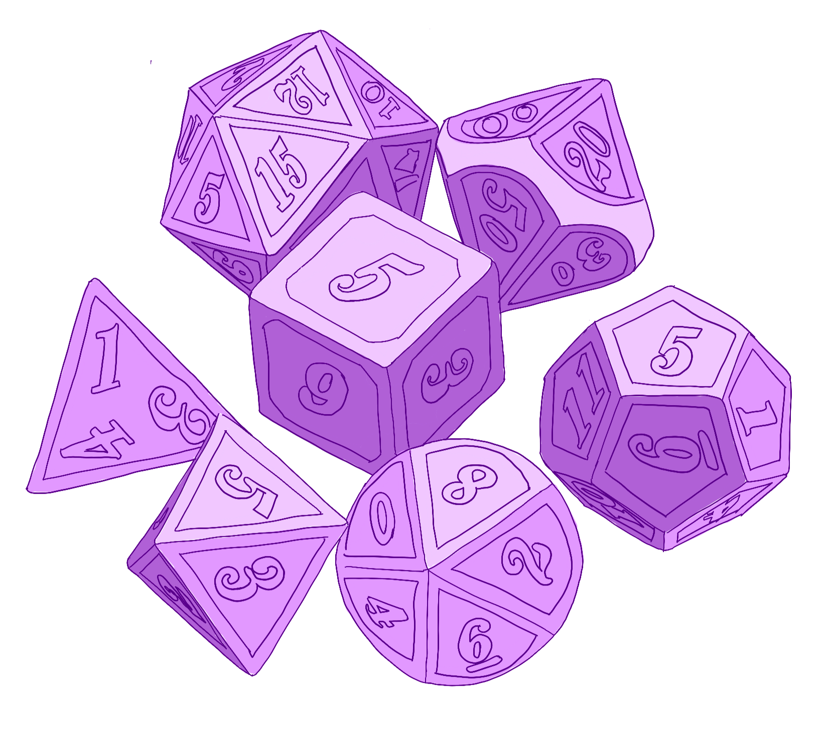 Digital illustration of a set of TTRPG dice