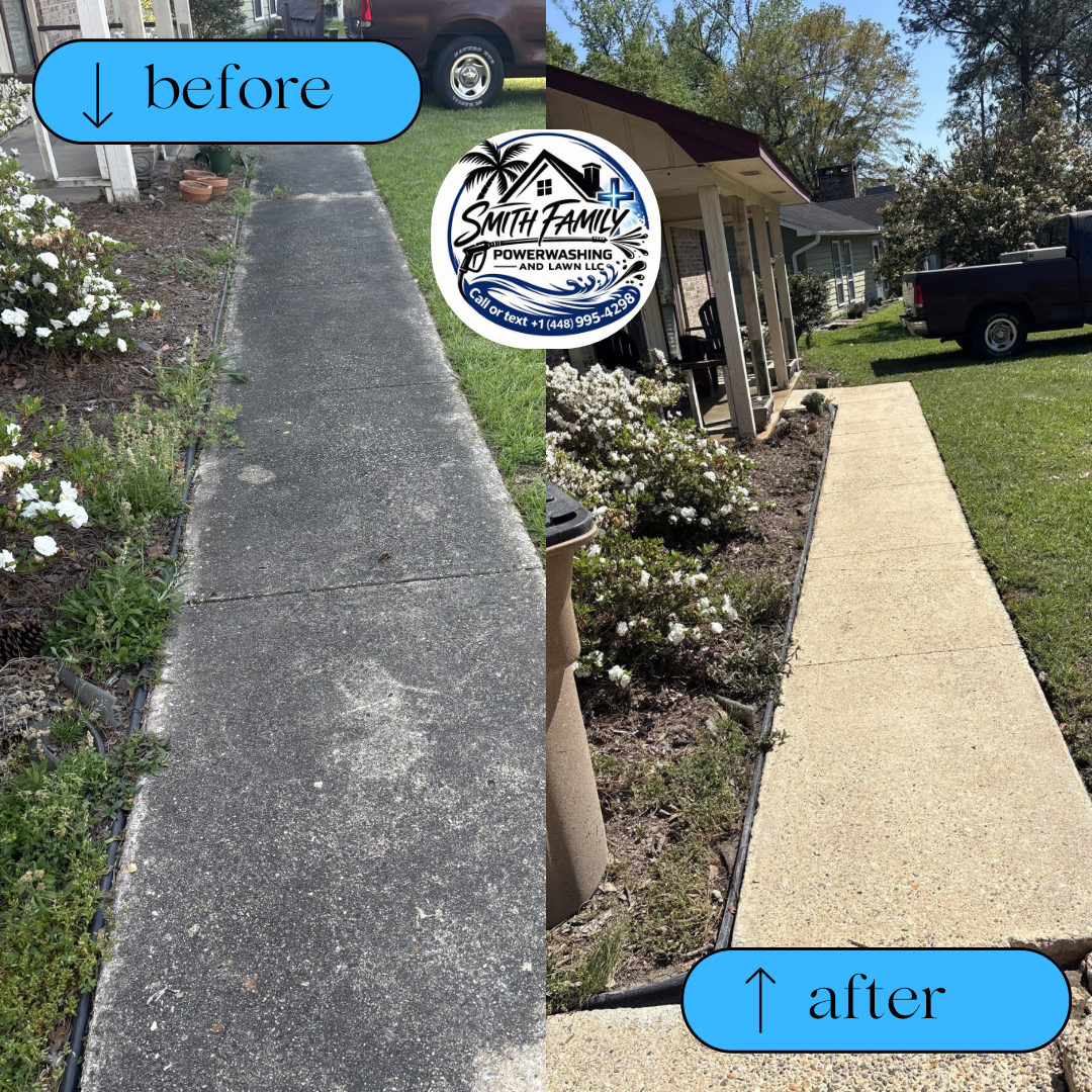 Comparison of a dirty, worn concrete sidewalk before cleaning and a newly cleaned, bright concrete sidewalk after power washing. 