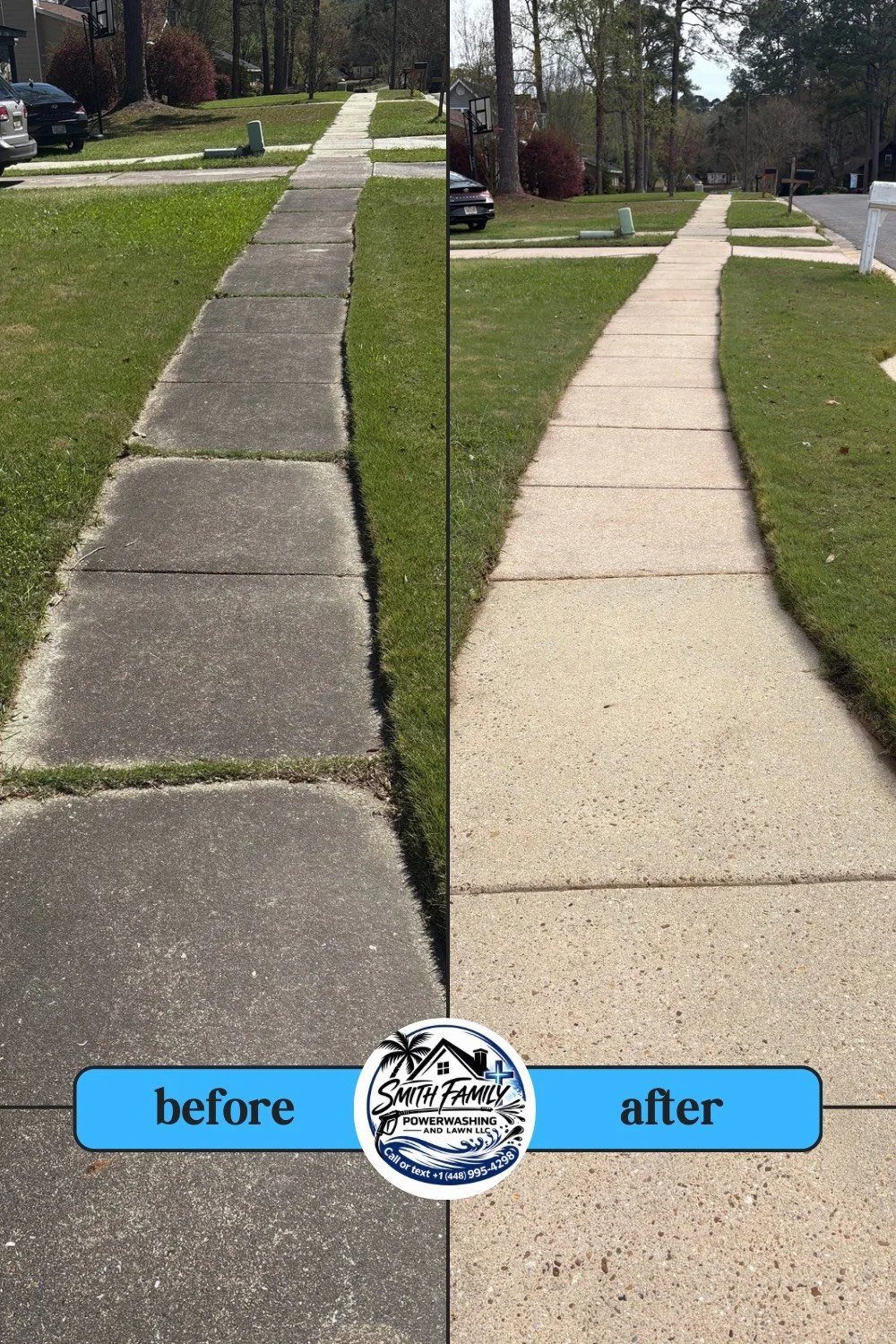 Side-by-side comparison of a sidewalk before and after cleaning. The left side shows an old, worn concrete sidewalk, while the right side displays a clean, new concrete sidewalk. 