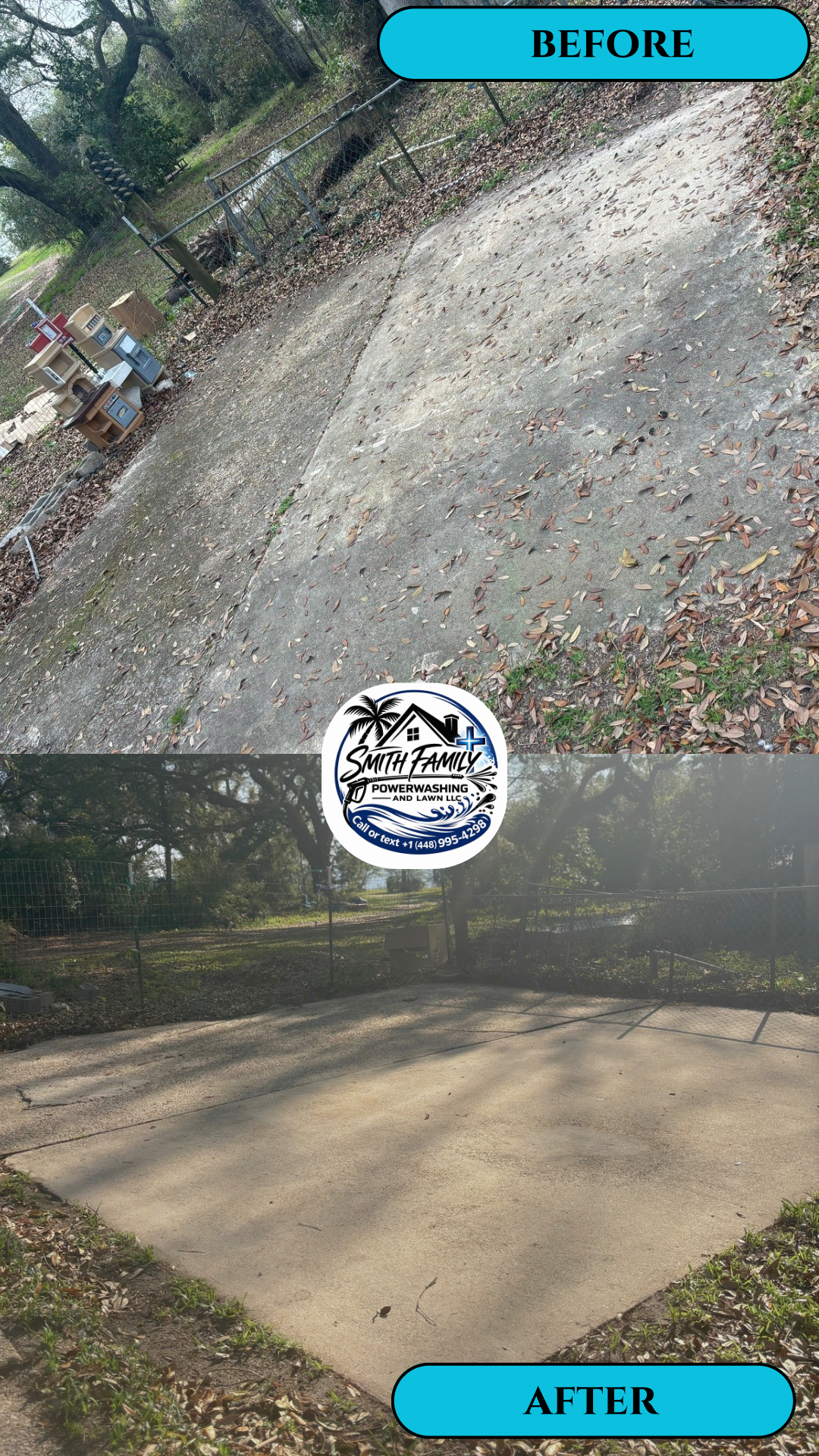 Comparison of a backyard concrete pad before and after power washing, with leaves scattered on the surface in the 'before' image and a clean surface in the 'after' image