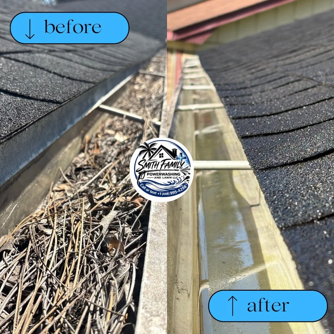 Side-by-side comparison of a roof gutter before and after cleaning. The 'before' shows a dirty, debris-filled gutter with leaves and twigs. The 'after' shows a clean, clear gutter. 