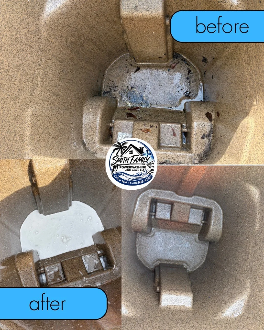 Comparison of a dirty trash can that has been sanitized, cleaned and restored to a like new condition