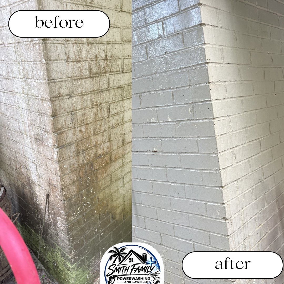 Side-by-side comparison of a corner of a brick wall before and after pressure washing and cleaning. The 'before' side shows dirty, moldy, and stained bricks, while the 'after' side shows clean, bright, and white bricks. 