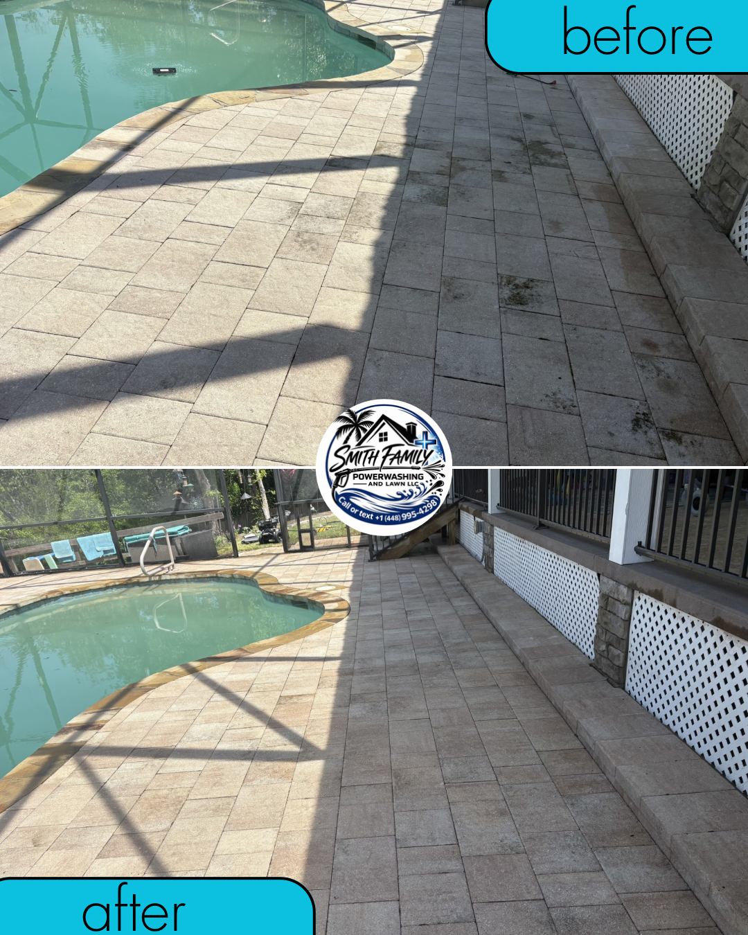 Comparison of a poolside patio surface before and after cleaning, showing cleaner, brighter tiles in the after image.