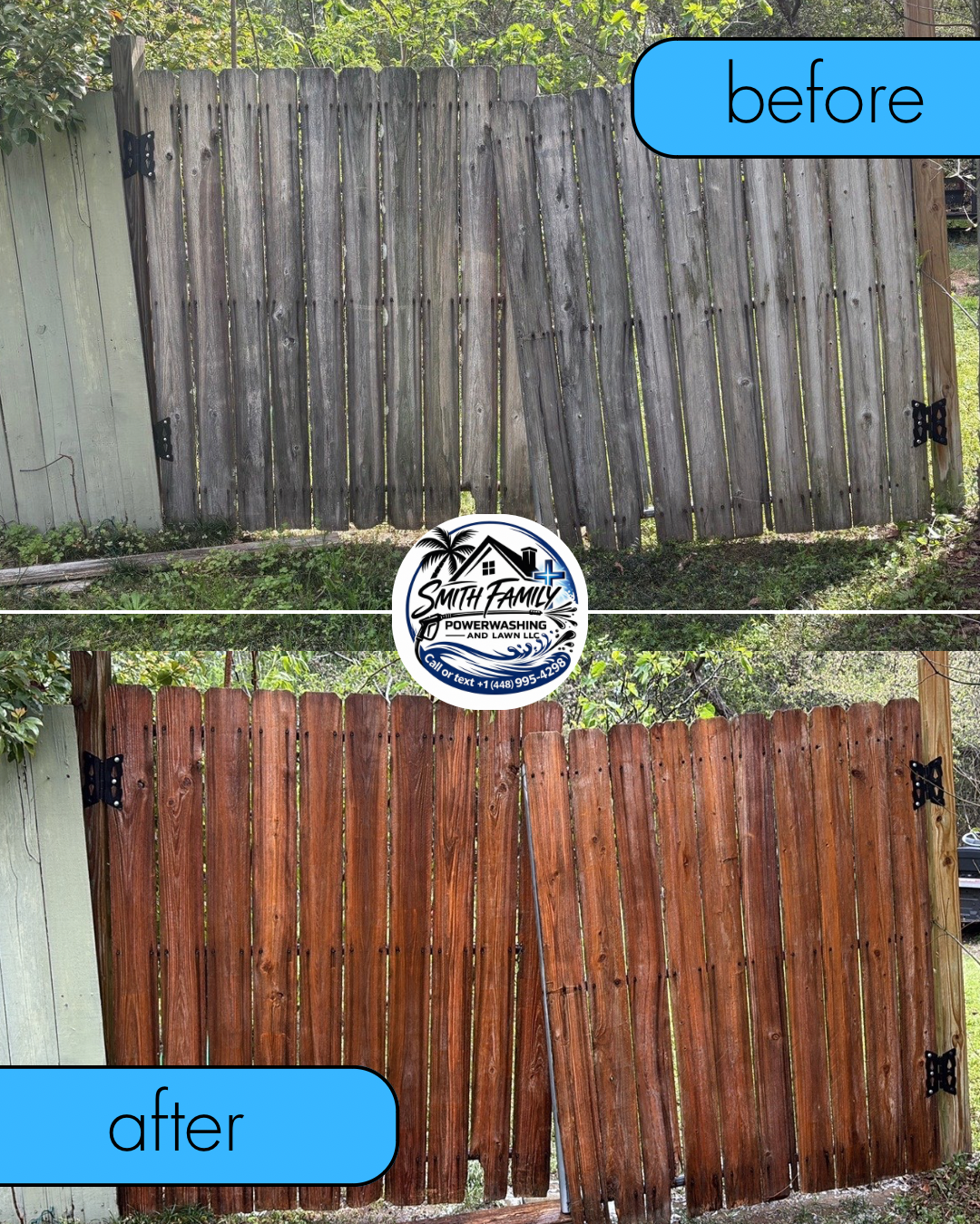 Side by side comparison of a wooden fence before and after it has been cleaned, no staining. just pressure washing