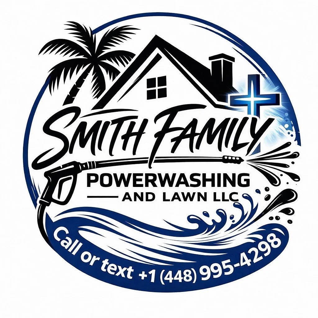 Logo for Smith Family Powerwashing and Lawn LLC featuring a house, palm tree, glowing cross, a power washer nozzle spraying water, and contact information.