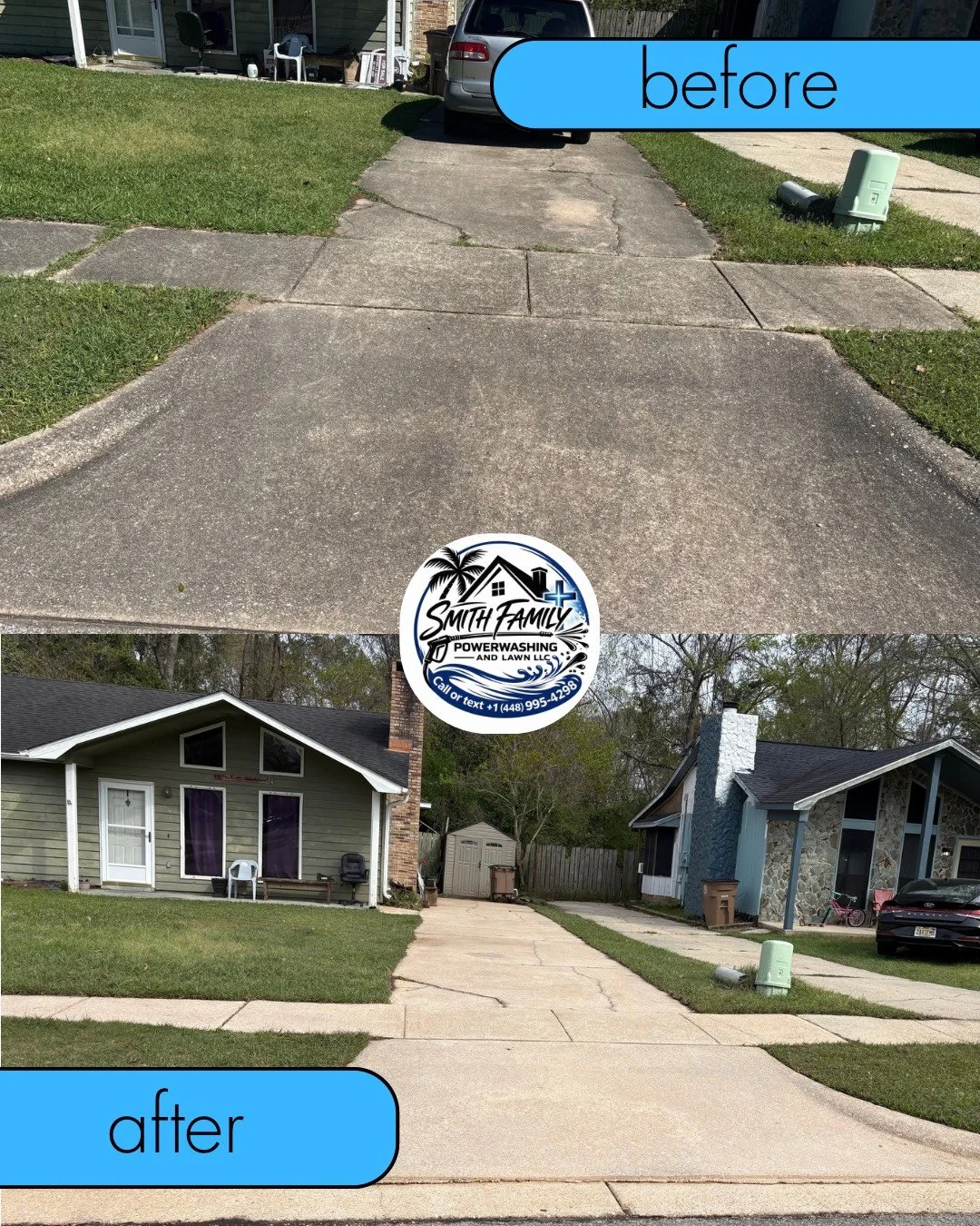 Comparison of a dirty driveway before and a cleaned driveway after power washing