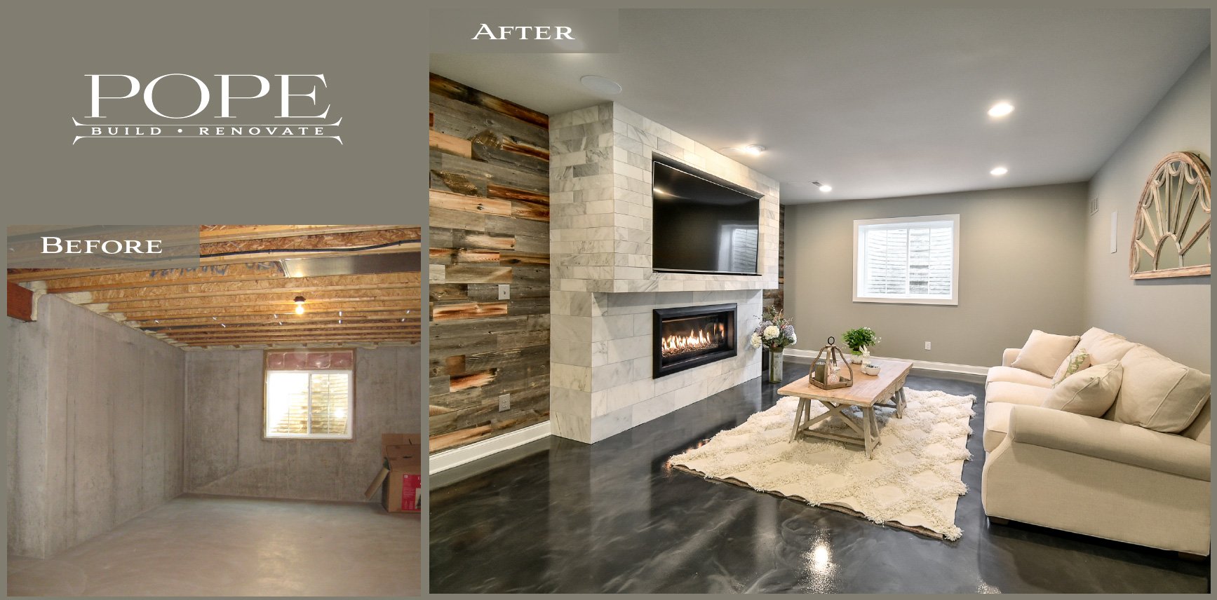 Comparison of a living room before and after renovation. The before side shows an unfinished basement with exposed wooden beams and concrete walls. The after side features a finished modern living room with a fireplace, a TV mounted above, a beige co