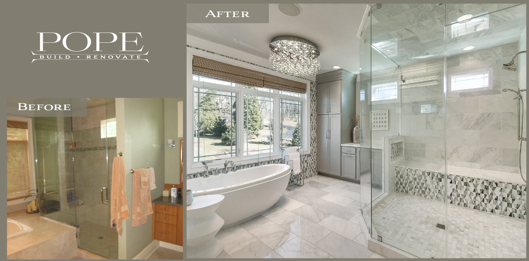 Bathroom before and after renovation, featuring a shower with glass door, bathtub, and updated tiling.