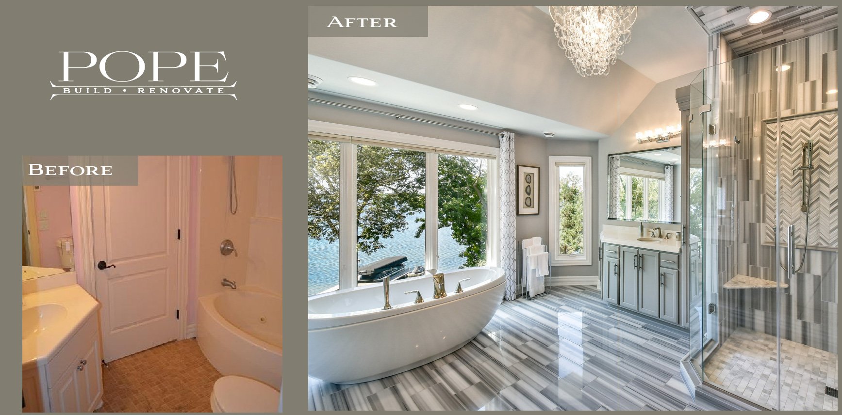 Comparison image showing a bathroom before renovation on the left and after renovation on the right, featuring a luxurious, modern bathroom with a view of a lake, a bathtub, vanity, and a walk-in shower.
