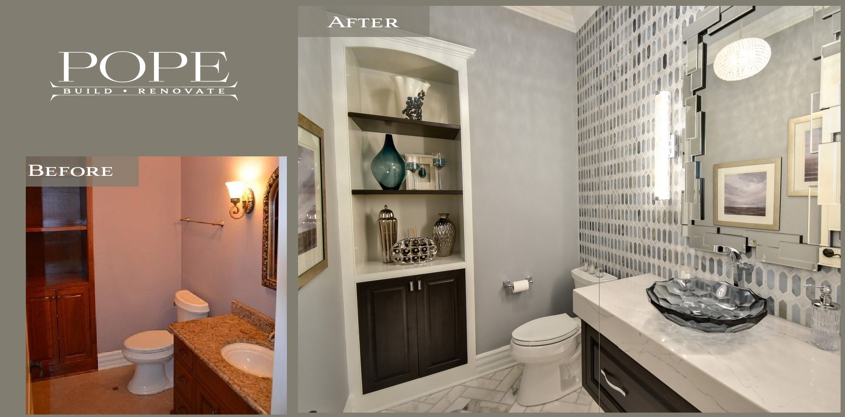 Comparison of bathroom renovation before and after, showing an old bathroom with beige walls, wooden cabinets, double sinks, and an outdated mirror, versus a modern renovated bathroom with a sleek sink, decorative mirror, patterned wallpaper, and sty