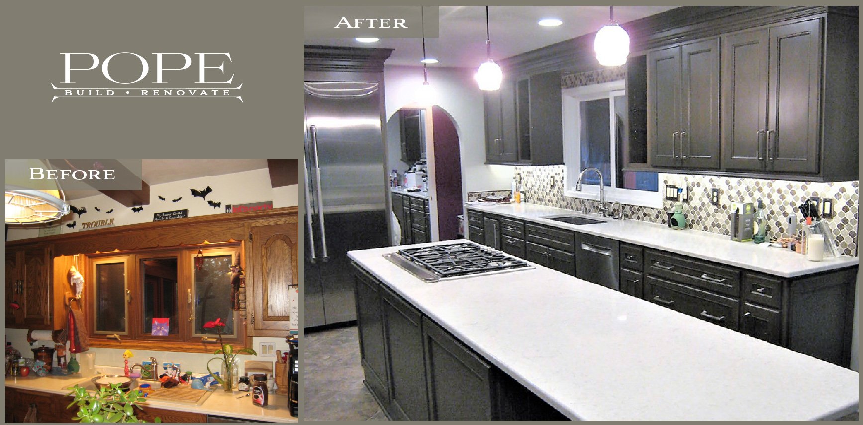 Comparison of a kitchen renovation: before and after. The before image shows a cluttered kitchen with toy and Halloween decorations, wood cabinets, and a busy countertop. The after image features a modern, sleek kitchen with dark cabinetry, a white c