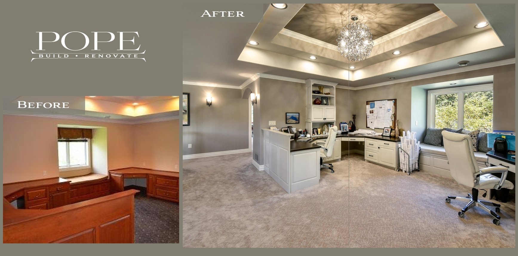 Before and after images of a room renovation showcasing an office space with grey walls, white built-in desks, and a window seat with multiple cushions. The 'before' photo shows an empty room with wood paneling, while the 'after' photo displays a mod