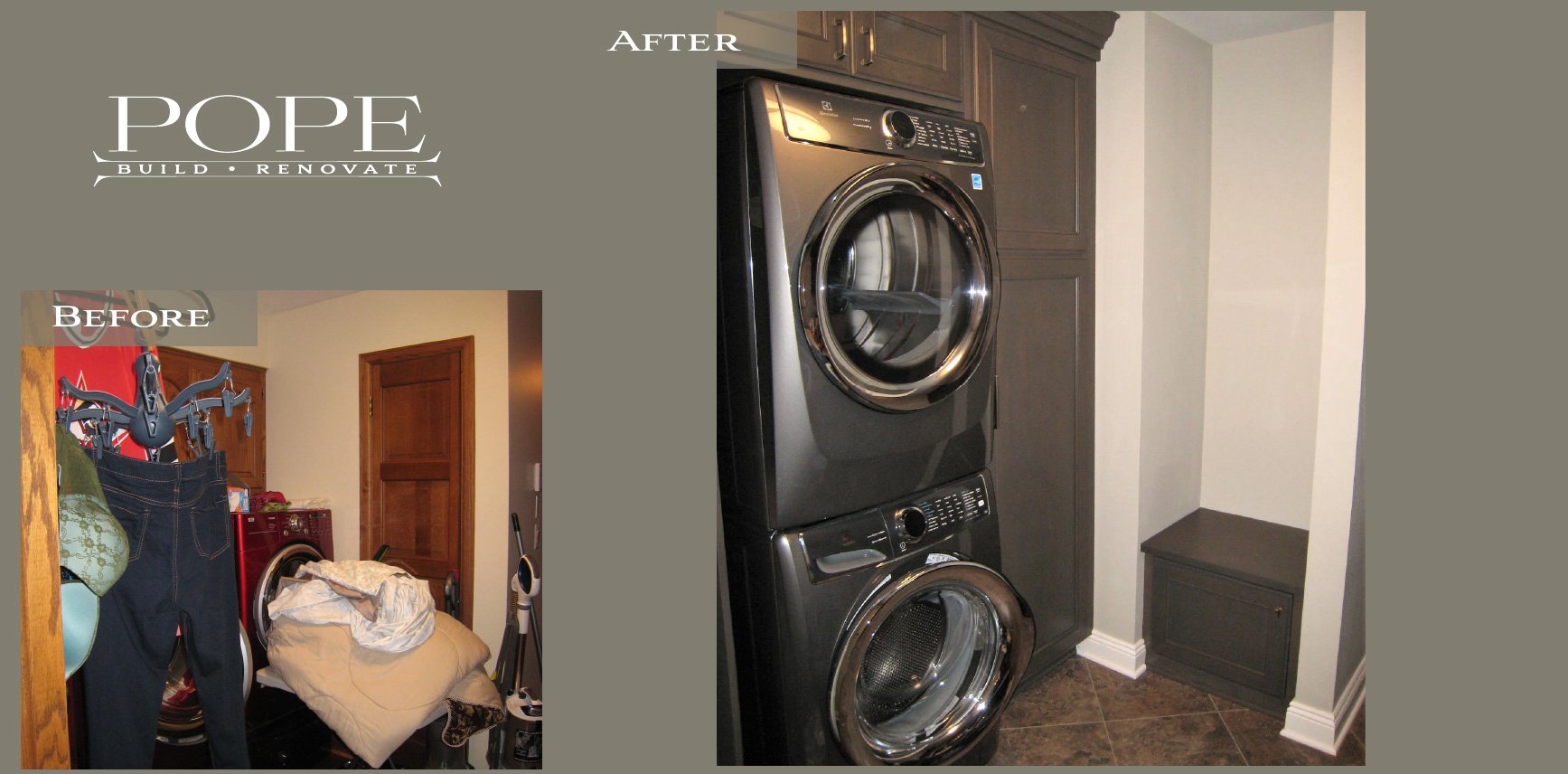 A side-by-side comparison of a laundry room before and after renovation. The "before" shows clutter, laundry, and household items, while the "after" features a sleek black washer and dryer stacked vertically against a wall with dark cabinetry and a s