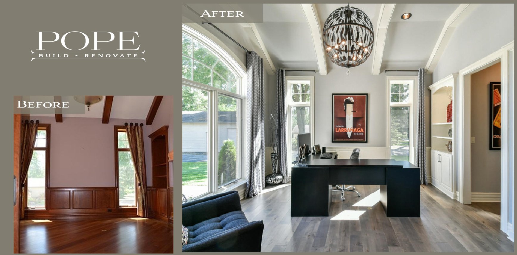 Comparison of a living room before and after renovation; before image shows an empty room with wood paneling and beams, after image shows a modern home office with large windows, a black desk, a navy sofa, and decorative elements.