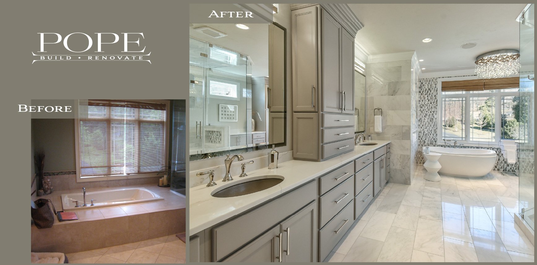 Split view of a bathroom renovation, with a before photo of a bathtub with beige tiles and a window with blinds on the left, and an after photo of a modern, spacious bathroom with a large mirror, gray cabinetry, marble floors, and a bathtub near a wi