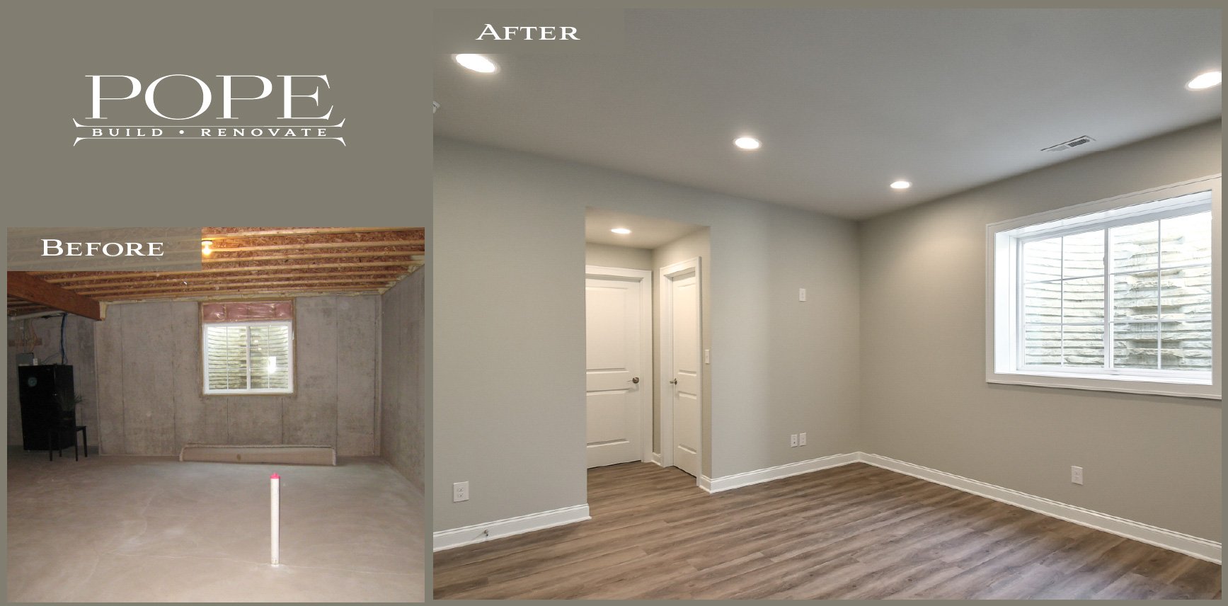 Side-by-side before and after photos of a room renovation project, showing a basement. The 'before' image displays an unfinished basement with concrete walls, a small window, and exposed ceiling beams. The 'after' image shows a finished room with lig