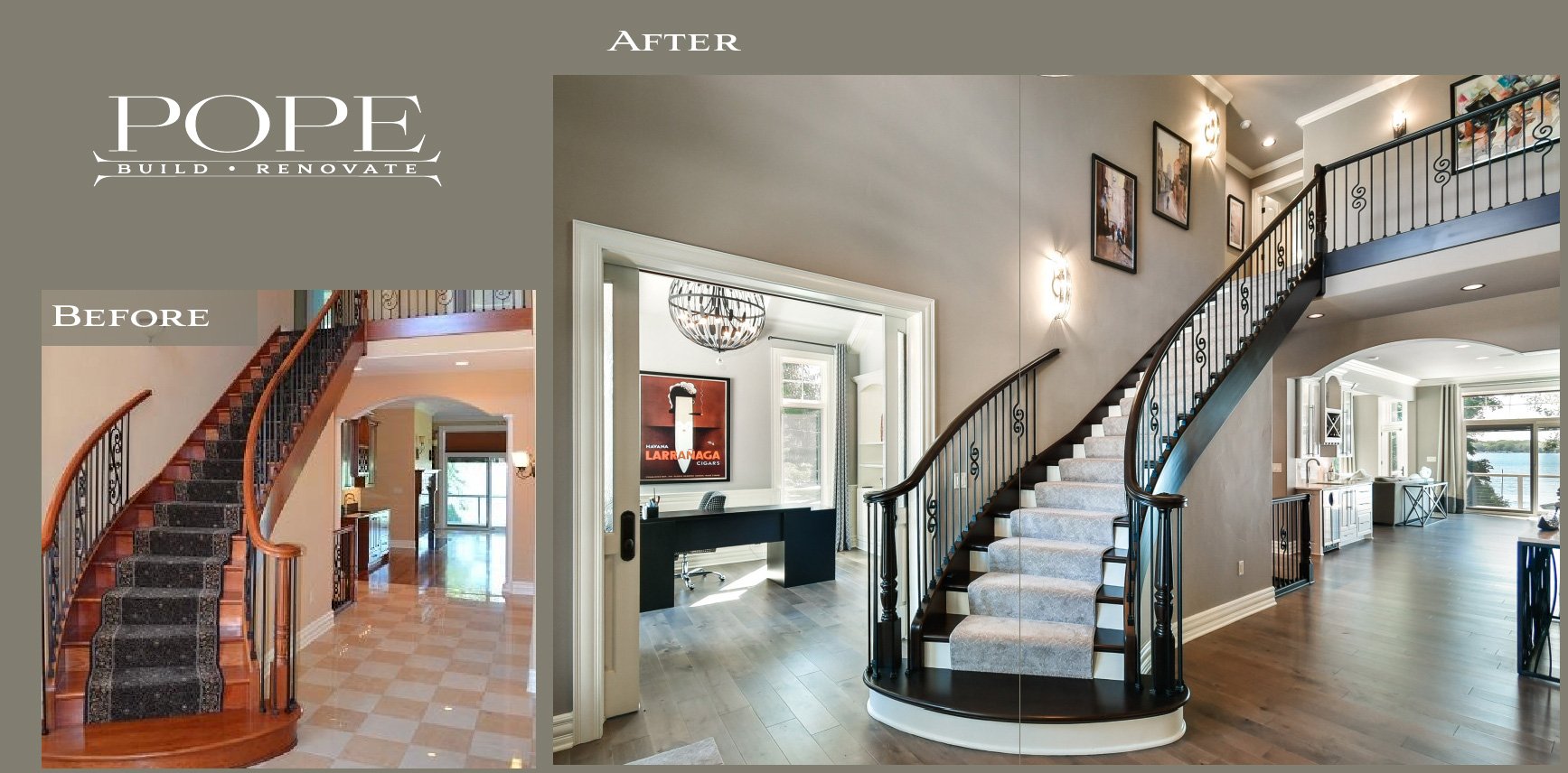 Before and after images of a staircase renovation in a home. The before shows a traditional wooden staircase with a dark carpet runner, while the after displays a modern, renovated staircase with a sleek black railing and light-colored carpet.