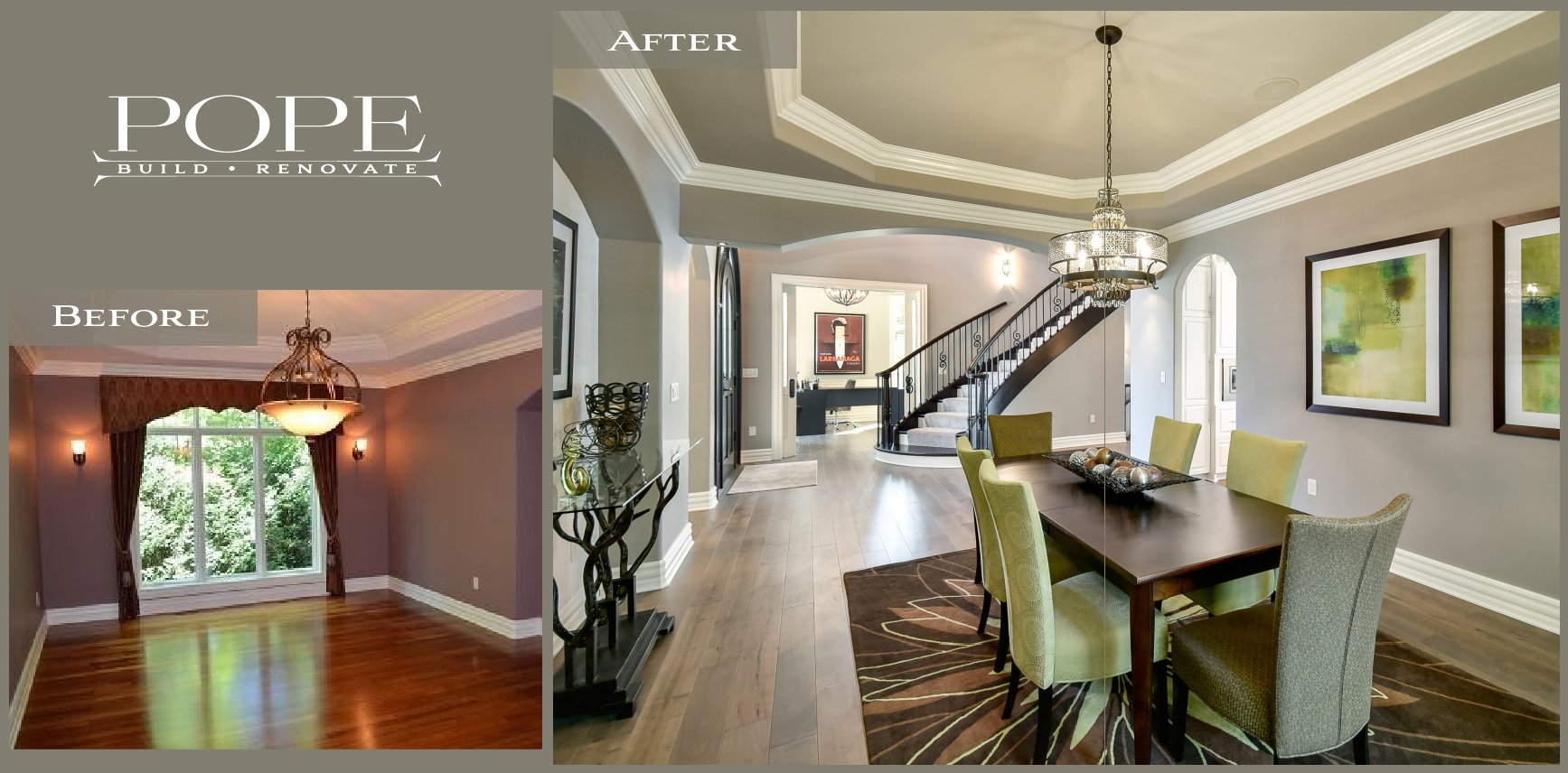 Comparison of a dining room before and after renovation, showing an upgraded, modern interior with a chandelier, artwork, and hardwood floors after renovation.