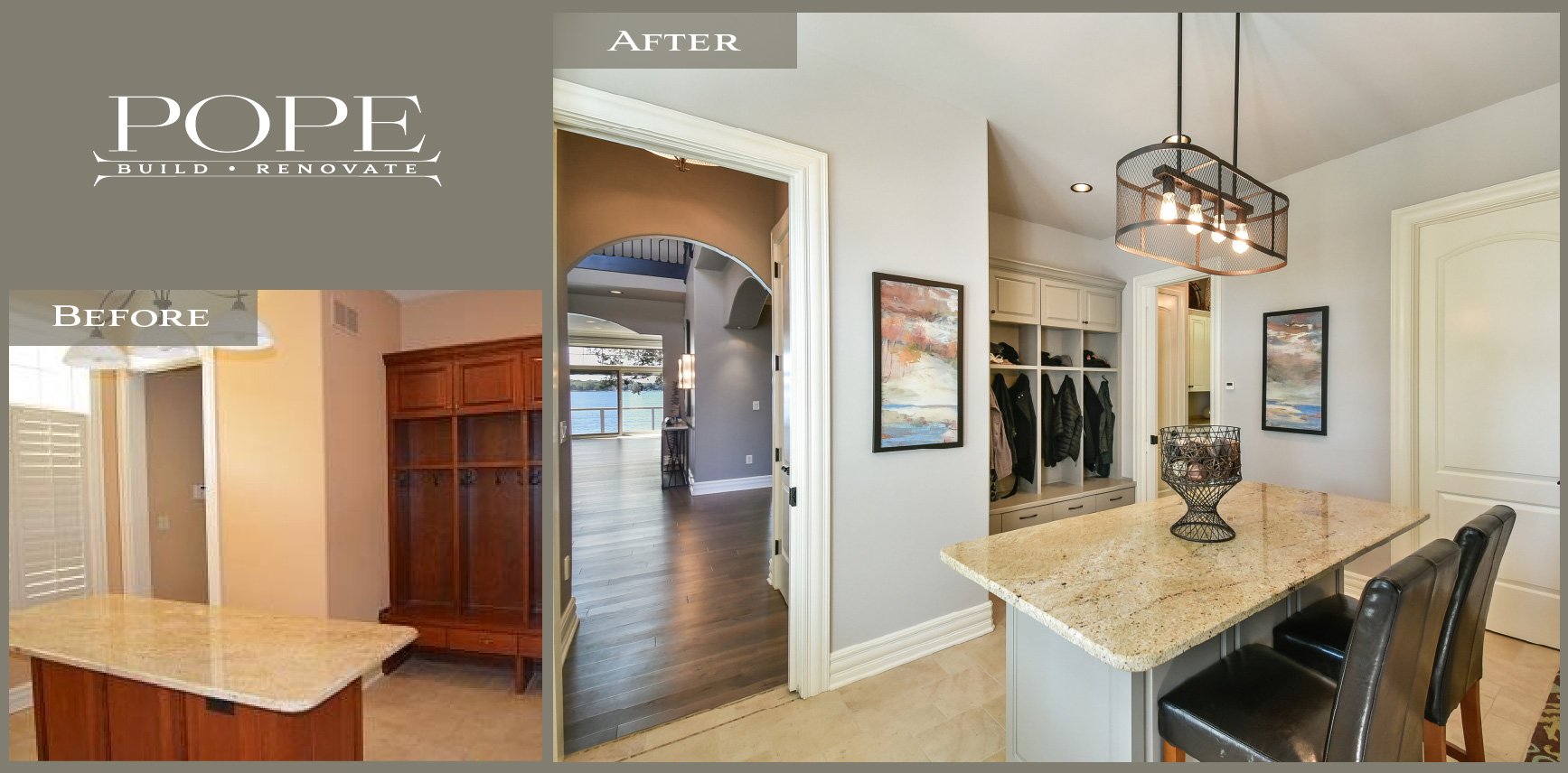 Before and after images of a home renovation. The 'before' shows a kitchen with a wooden cupboard and a small table, while the 'after' shows a modern kitchen with a granite island, white cabinetry, and artwork on the walls.