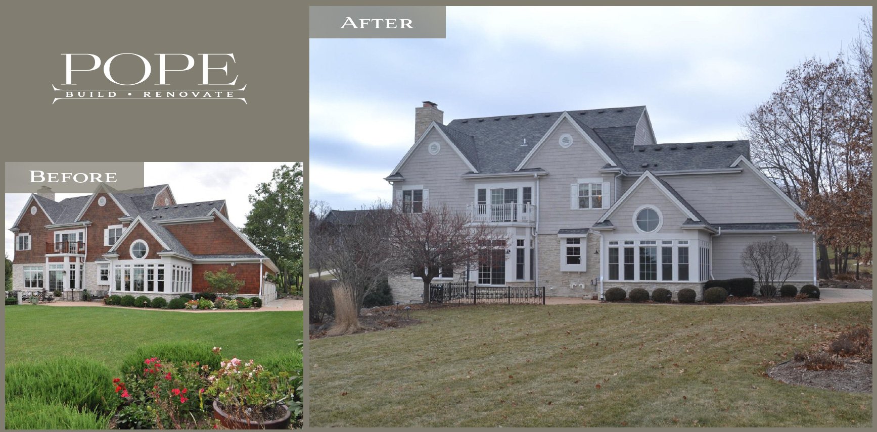 Before and after comparison of a house renovation. The left side shows the house before renovation with red brick and a landscaped yard, and the right side shows the house after renovation with light gray siding and a yard with grass and trees.