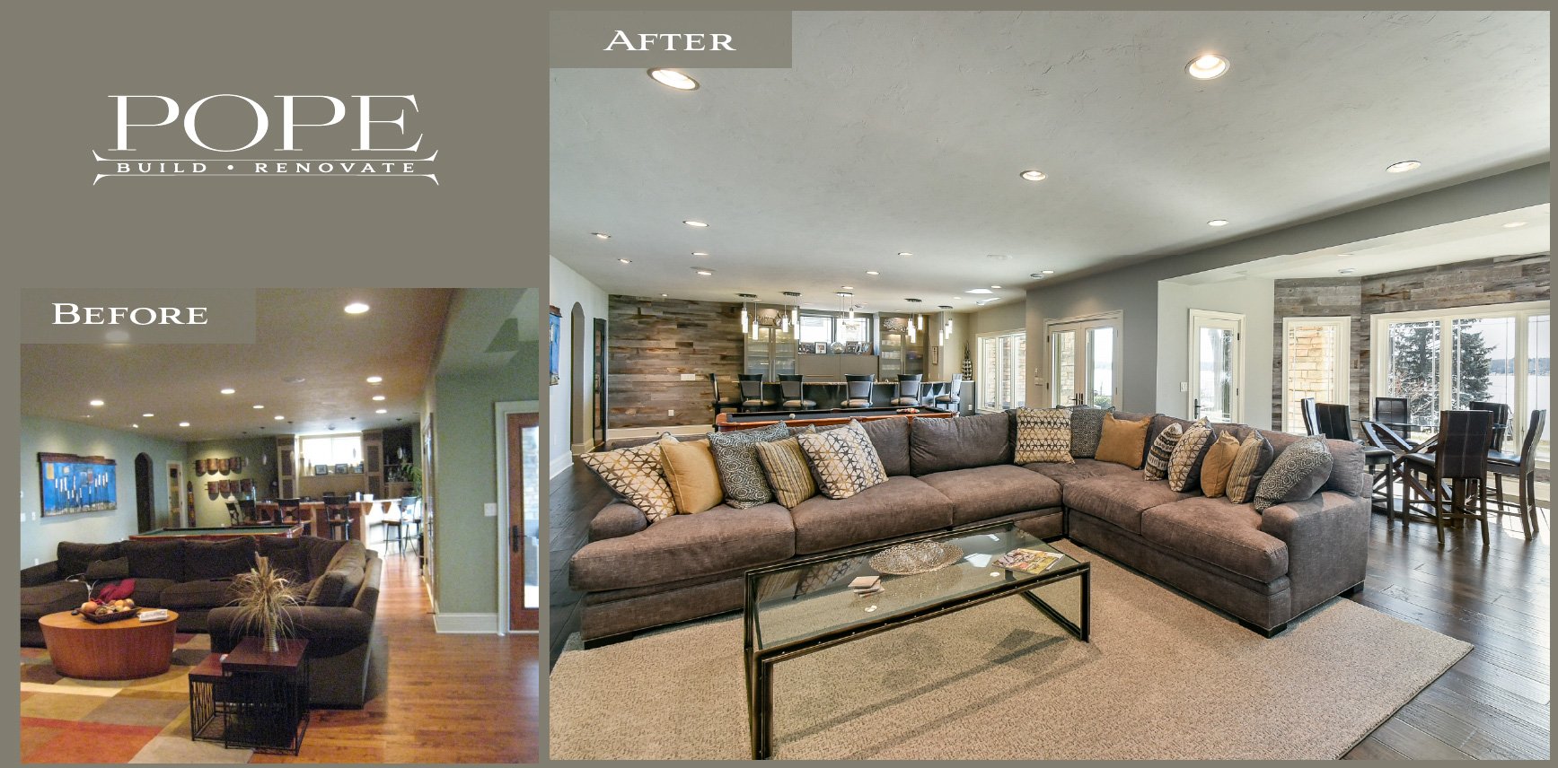 Comparison of a living room before and after renovation, showing improved lighting, flooring, and decor.