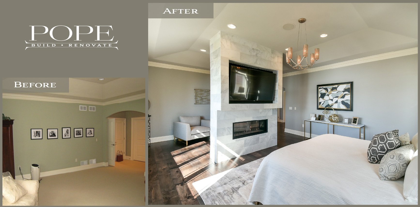 Side-by-side comparison of a living space before and after renovation. The "Before" shows a room with light green walls, framed photos, and minimal furniture. The "After" displays a modern, updated living room with a gray color scheme, a mounted TV o