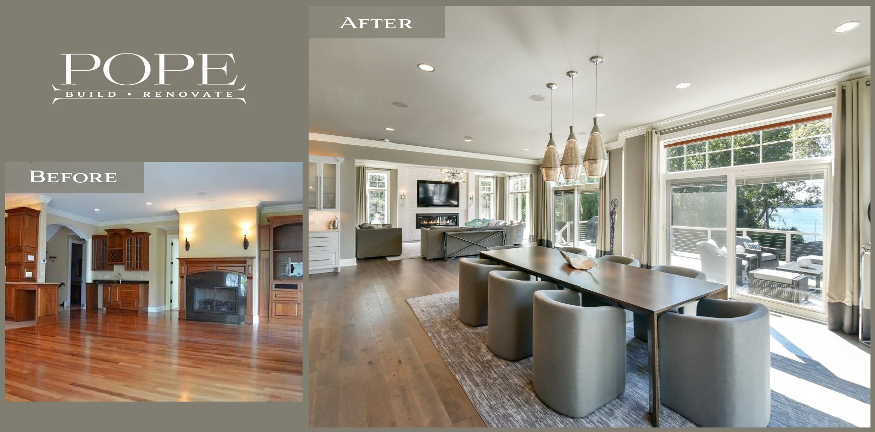 Side-by-side comparison of a home's interior before and after renovation. The left shows a room with wooden floors, built-in wooden cabinets, and a fireplace. The right shows the renovated room with lighter flooring, modern furniture, a large window 