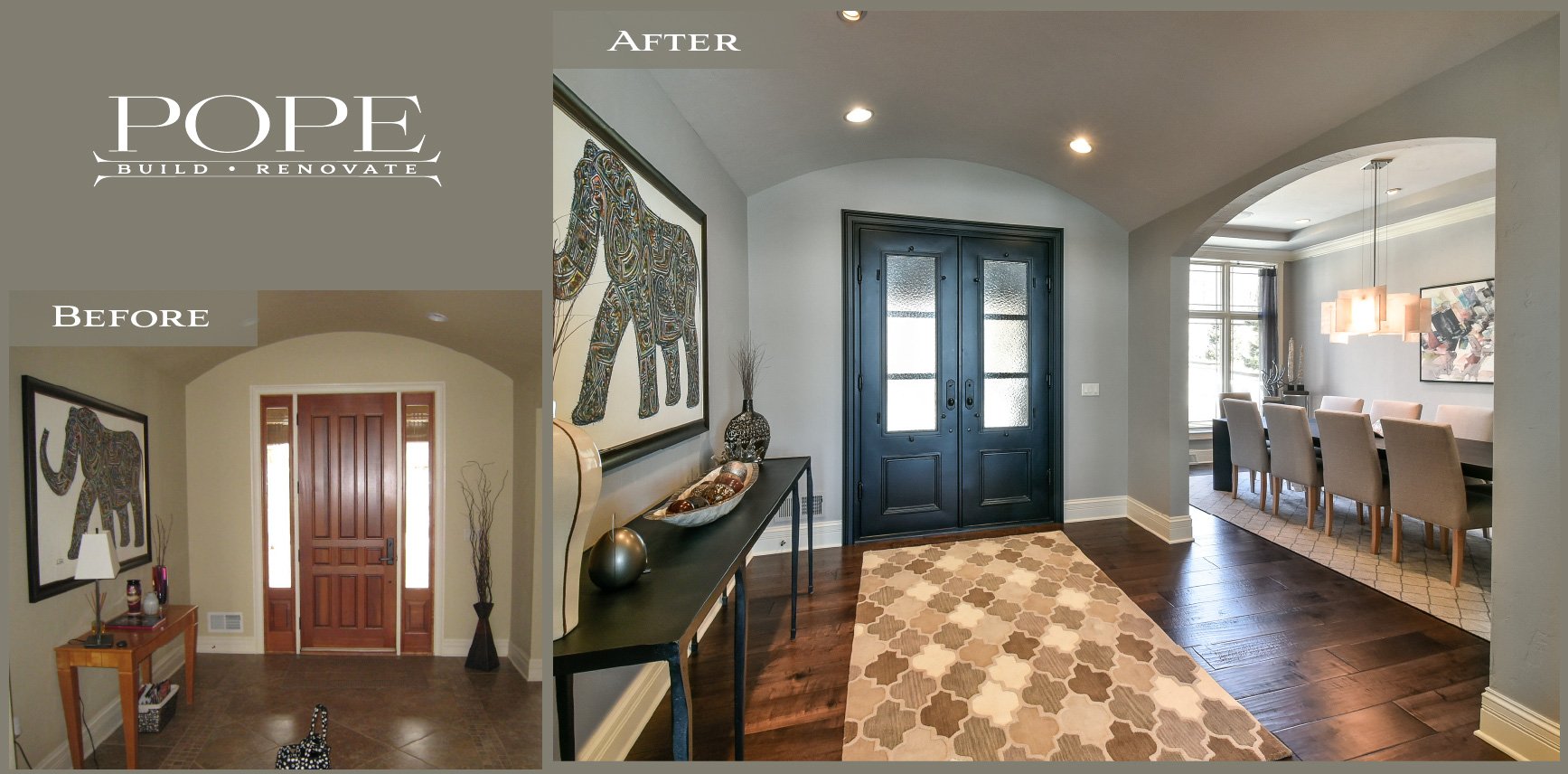 Before and after images show a renovated home entryway and dining area. The before image features a simple entry with a wooden door, a small console table, and artwork of an elephant. The after image displays a modern, spacious entry with dark double