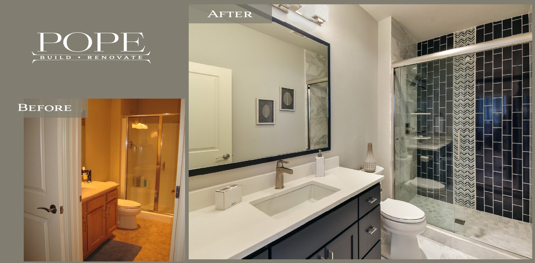 Comparison of bathroom renovation showing an old bathroom with a shower stall, wooden vanity, and dated decor versus a modern remodeled bathroom with a large mirror, black cabinetry, and a black tile shower.