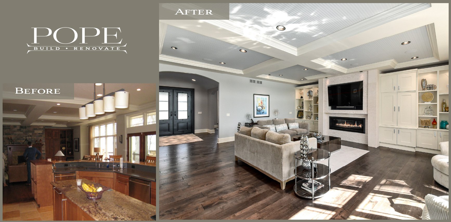 Comparison of a living room before and after renovation, showing an upgraded modern living room with a cozy fireplace, built-in shelves, and a large TV in the after image, and an older, less furnished living area in the before image.