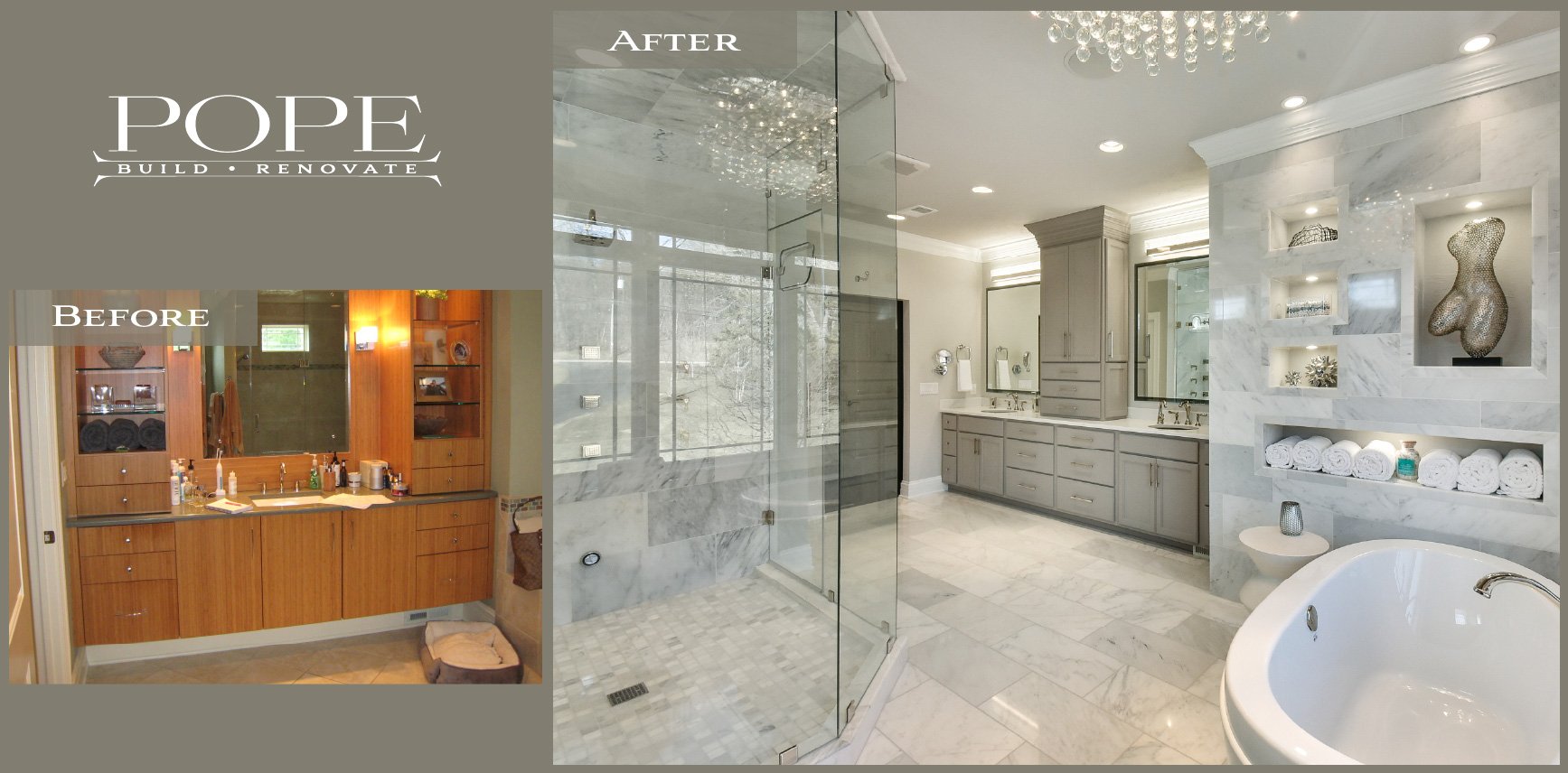 Comparison of a bathroom before and after renovation, showing a wood-finished vanity area before and a modern, marble-tiled bathroom with glass shower, double sinks, and a bathtub after.