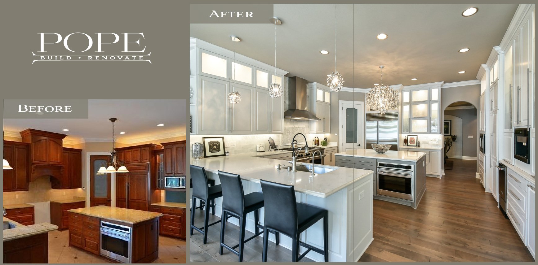 Comparison of a kitchen before and after renovation. The before image shows a traditional kitchen with dark wood cabinets and a small island. The after image shows a modern, bright kitchen with white cabinets, a large island, stainless steel applianc