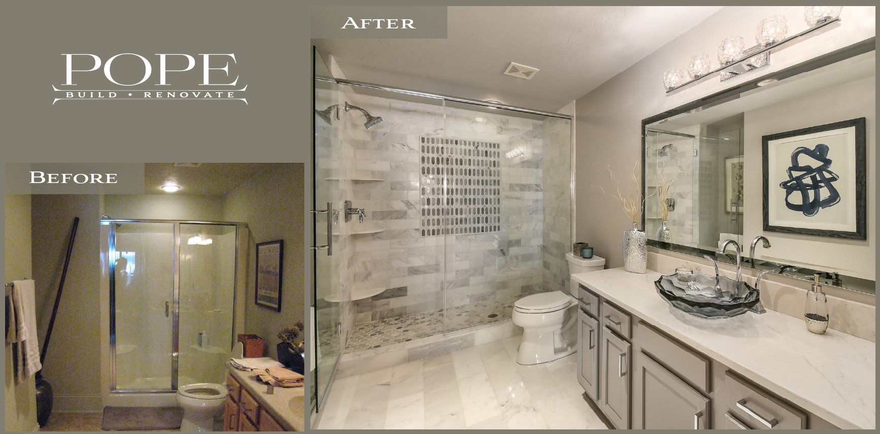 Bathroom renovation before and after images showing transformed shower area with glass enclosure, marble tile walls, and modern vanity with vessel sink, mirror, and artwork.