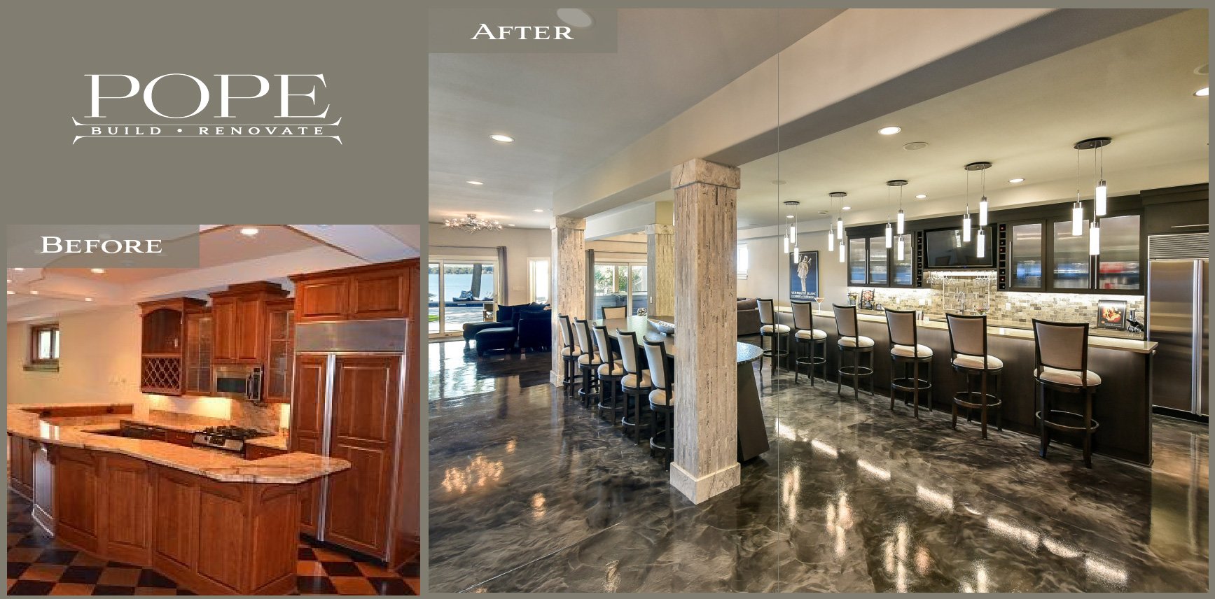 Before and after images of a home renovation. The 'before' shows a kitchen with wooden cabinets and a tiled floor, while the 'after' shows a modern living room with a marble floor, a bar area with chairs, and large glass windows.