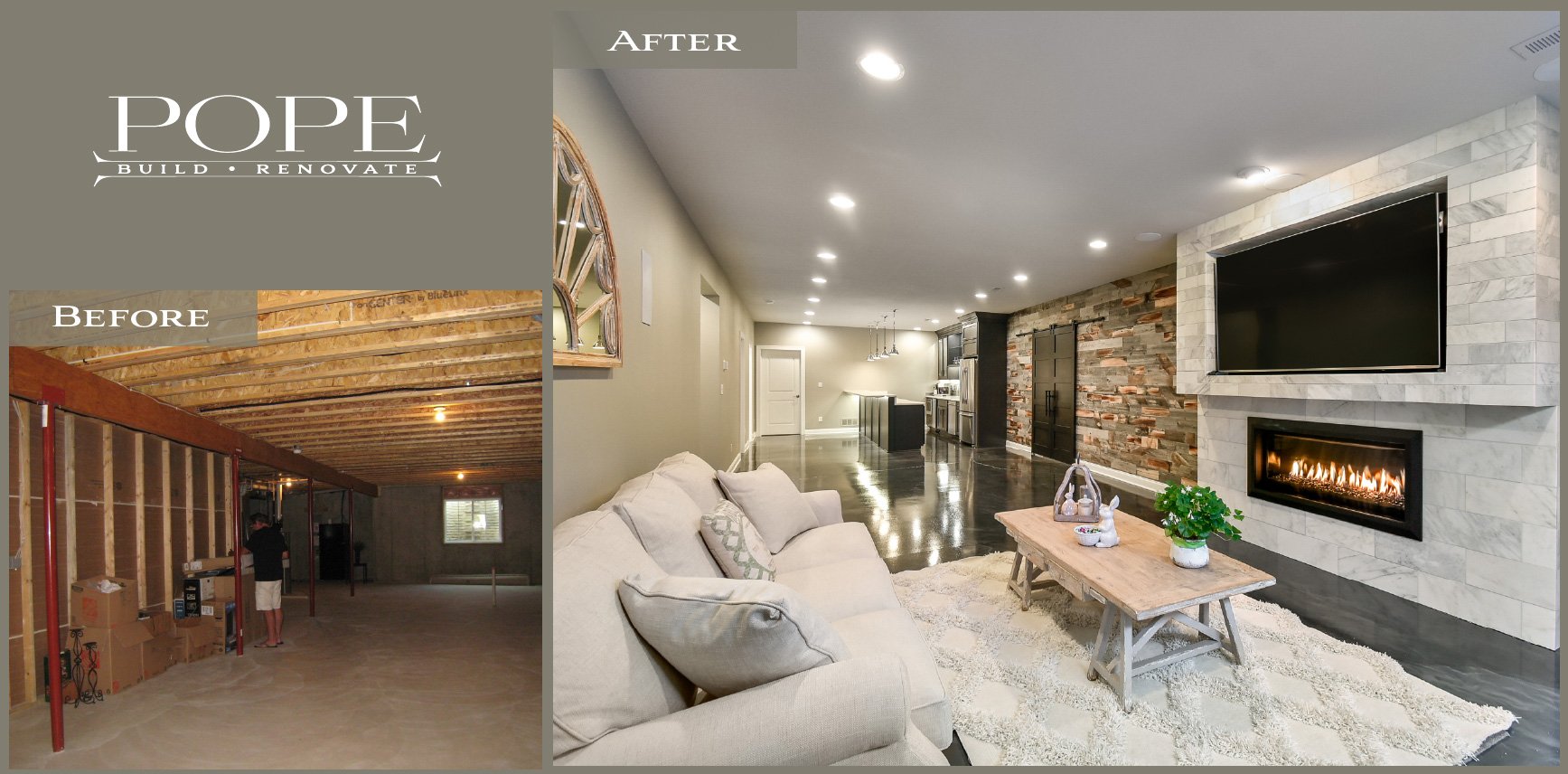 Side-by-side comparison of a property renovation: the left shows an unfinished basement with exposed wooden beams, concrete floor, and boxes, labeled 'Before', while the right shows a finished, modern living room with a beige sofa, a coffee table, a 