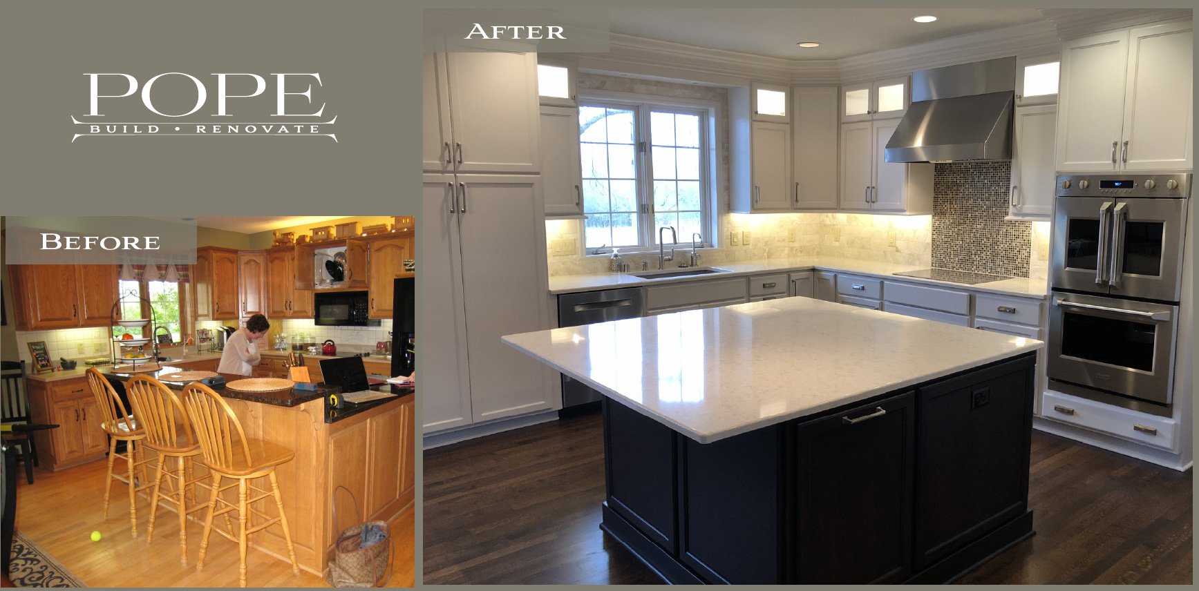 Side-by-side comparison of a kitchen before and after remodeling. The before image shows wooden cabinets, a kitchen island, and a person working in the kitchen. The after image features a modern kitchen with white and black cabinets, a large island w