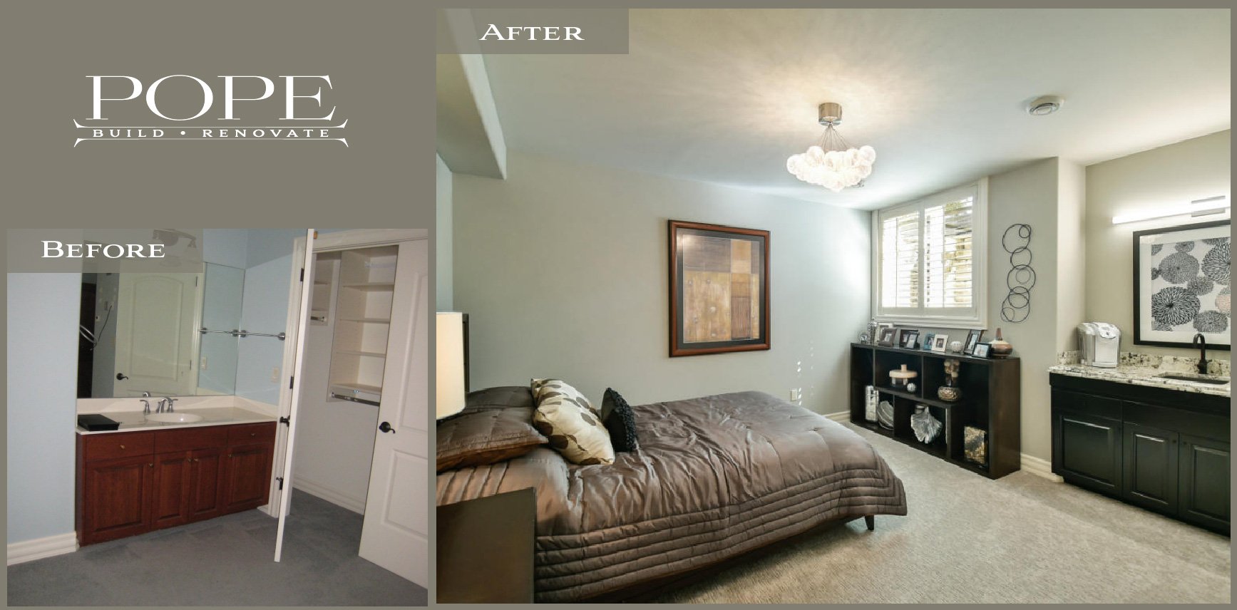 Comparison of a bathroom before and after renovation, showing a small bathroom with a wooden vanity in the 'before' section and a bedroom with a bed, window, dresser, and sink in the 'after' section.