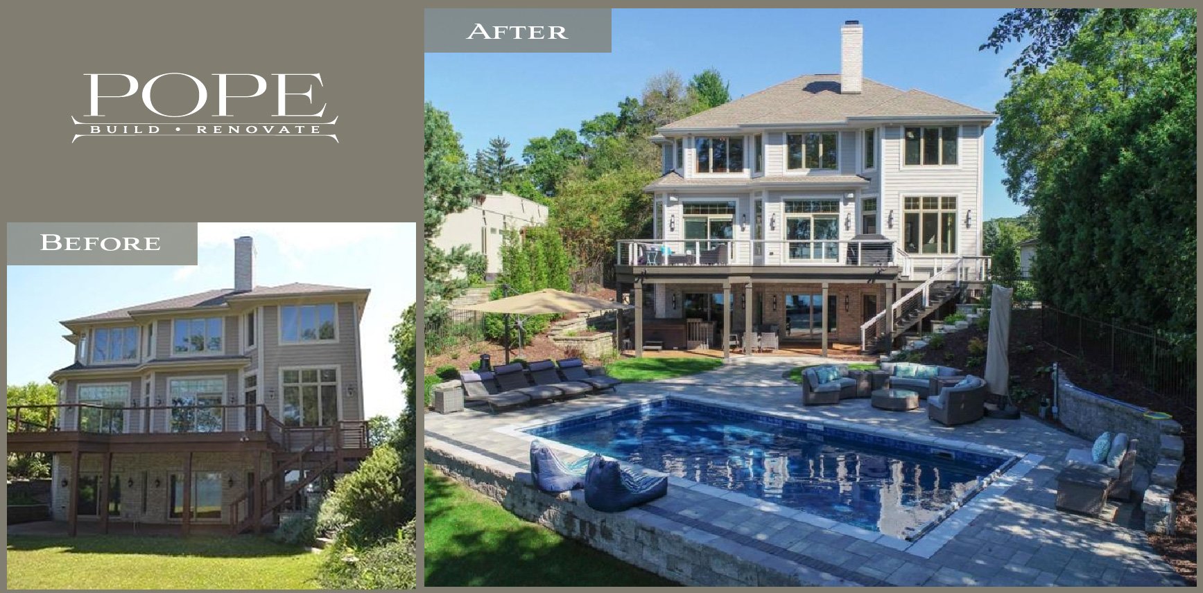 Comparison of a house before and after renovation, showing a backyard with a pool, outdoor seating, and a deck area.