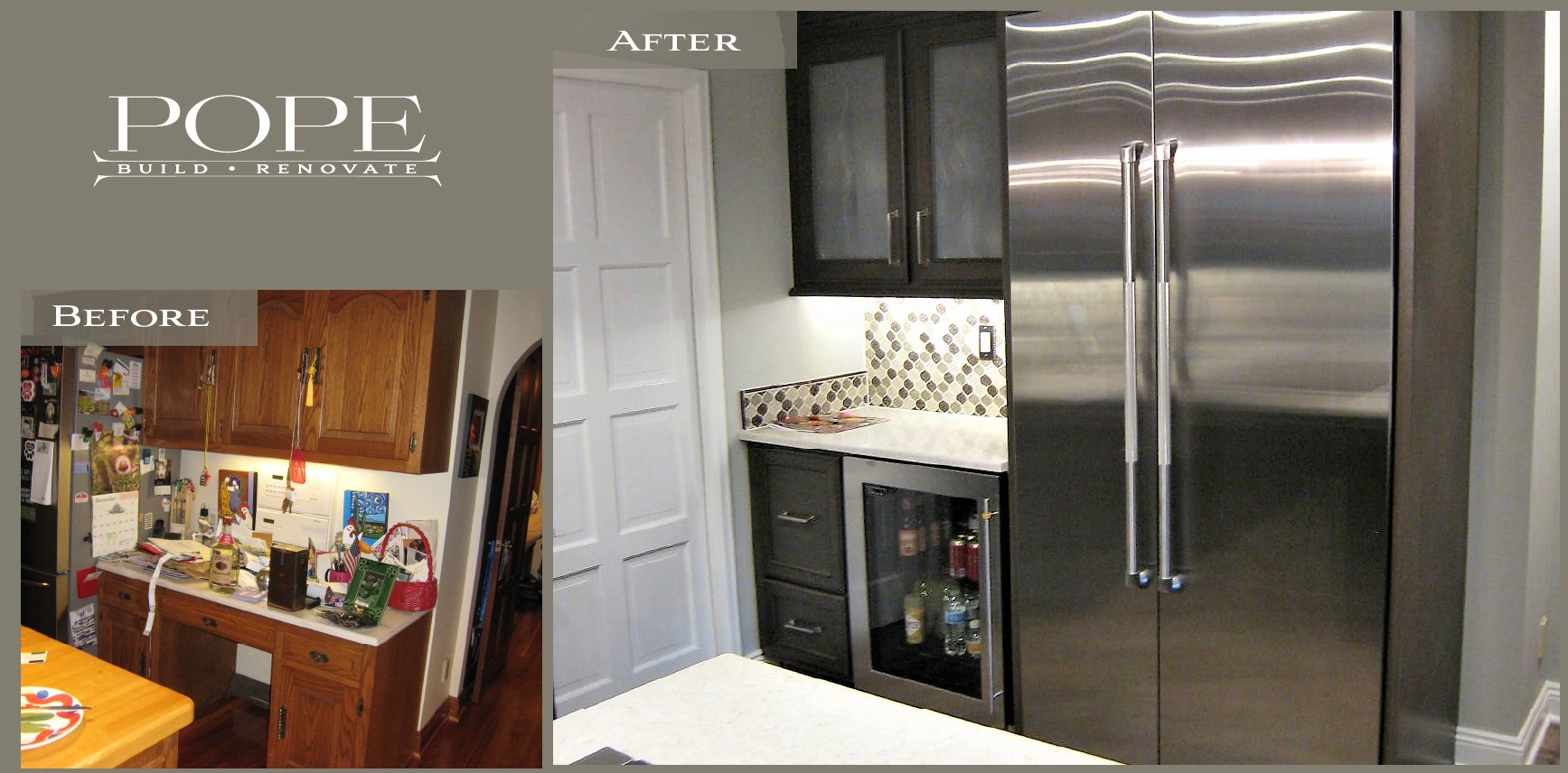 Comparison of a cluttered kitchen before renovation with a clean, modern kitchen after renovation showcasing new cabinets, backsplash, and stainless steel refrigerator.